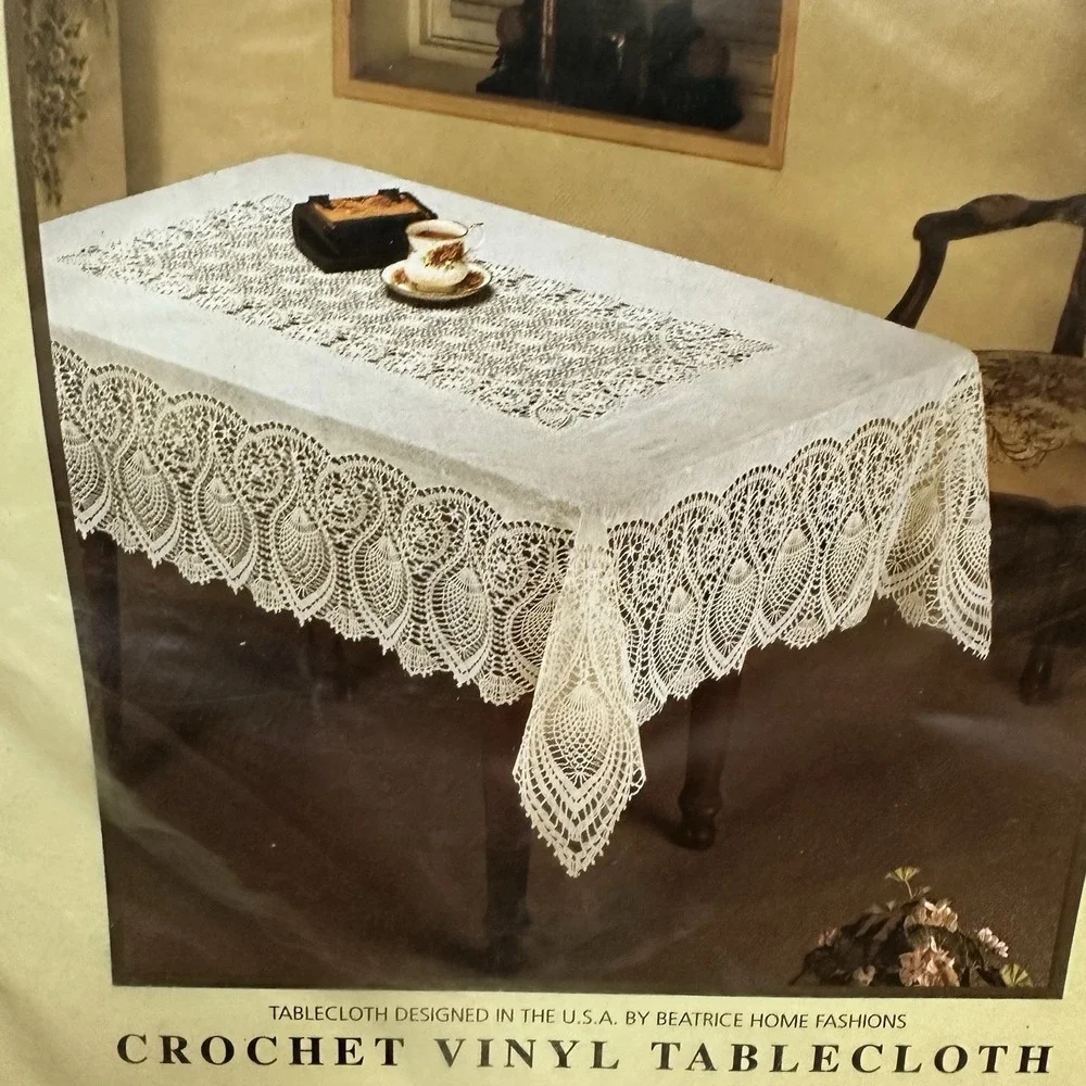 Vintage Crochet Vinyl Tablecloth 60 x 90 White Soft Wipe Clean NEW NOS